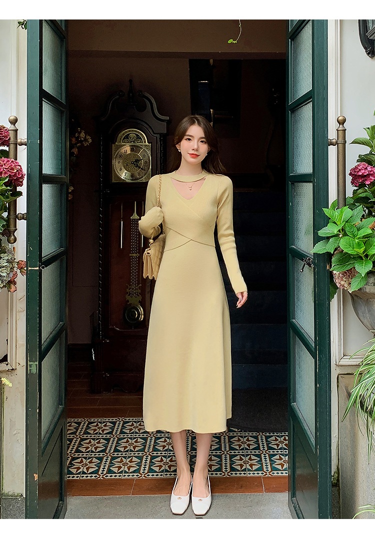 Mrs. Island Song フレンチ長袖ニットドレス女性の秋と冬のミドル丈の気質痩身インナースカートP31