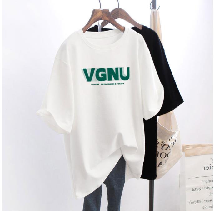 短いスリーブのT-シャツ女性夏新しいミドルミドルミドル - 韓国アルファベット印刷ラウンド - ネックトップ大型サイズの女性服