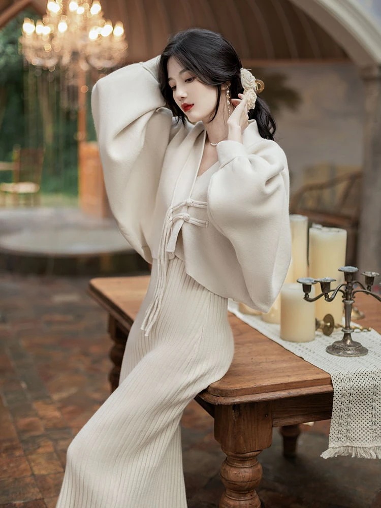 韓国ファッション 秋服 ニット ジェントルスタイル 長袖 セット おしゃれ 気質 着痩せ ワンピース ジャケット 二点セット