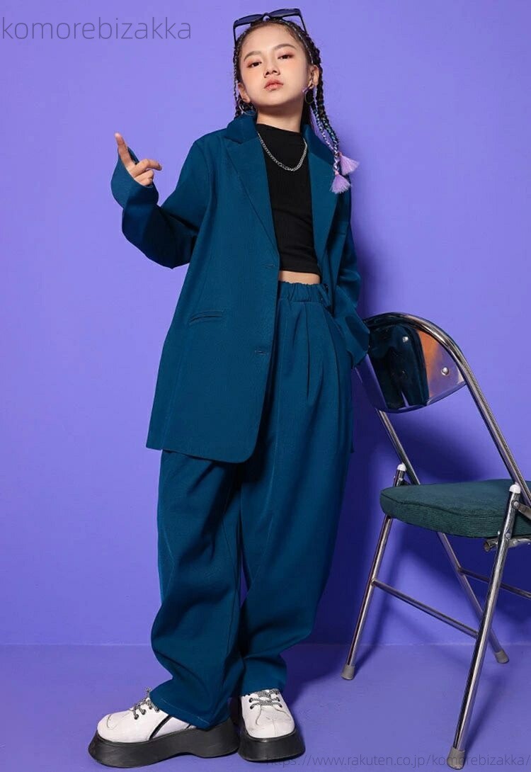 紺色 かっこいい キッズダンス衣装 セットアップ 長袖 ロング丈 パンツ タンクトップ パンツスーツ ジャケット