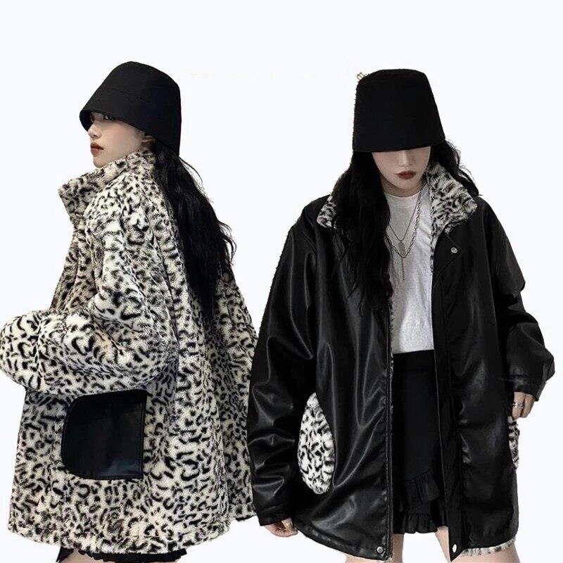 【両面で着られる】ヒョウ柄 リバーシブル ライダース PUレザー 防風 レザージャケット フリース ック ボア30%制限