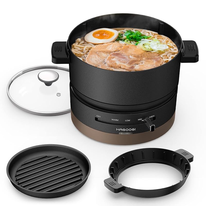 ハゴオギ (HAGOOGI) 電気鍋 1L 600W ひとり暮らし用 グリル鍋 波形プレート ガラス蓋 温度調整機能 着脱式 丸洗い可 一台多役 一人鍋 なべサイズ17cm コンパクト 一人用 鍋 車