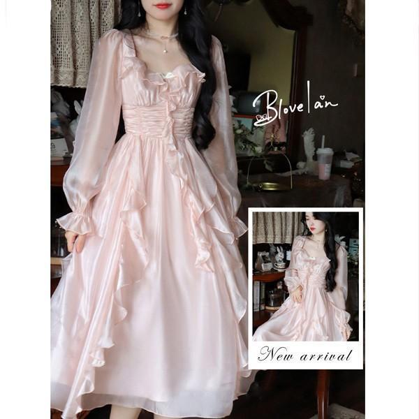 ピンクドレスロング丈袖付き ワンピース 二次会 女子会 成人式 結婚式 体型カバー 謝恩会 卒業式 花嫁 パーティードレス 大人可愛い着痩せるXS S M Lドレス