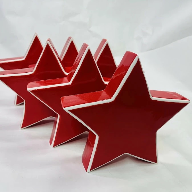 【未使用】レオナルド　クリスマスオブジェ スター 赤レッド　6P H18cm Decora 陶器製　070965　6個セット