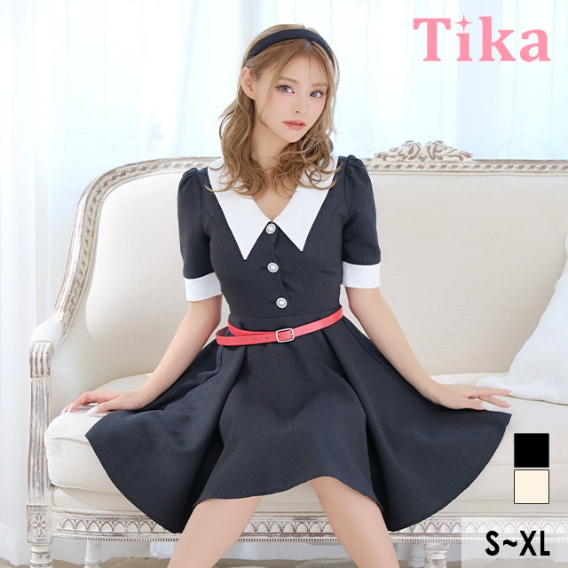 【即日発送】キャバ ドレス フレア ミニ 半袖 襟付き フロントボタン ベルト ツイード ラメ S～XLサイズ 大きいサイズ キャバドレス キャバ嬢 キャバクラ ラウンジ スナック ワンピース フレア