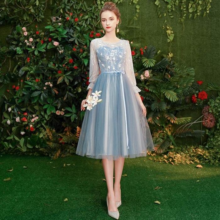 パーティードレス 韓国 ドレス 個性的 ワンピース プチプラ チュール シフォン フェアリー ミモレ丈 結婚式 二次会 袖あり 長袖 小さいサイズ 20代 30代 青ブルー 水色 XS/S/M/L/X