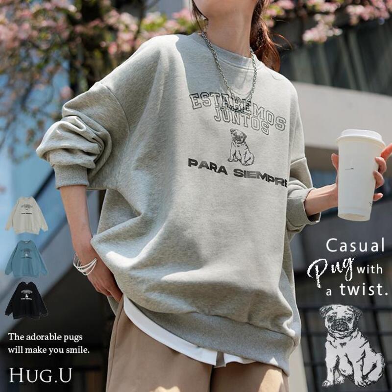 スウェット comfortable ロゴ チュニック レディース トップス ロング トレーナー オーバー gifts for women プルオーバー 無地 犬 パグ