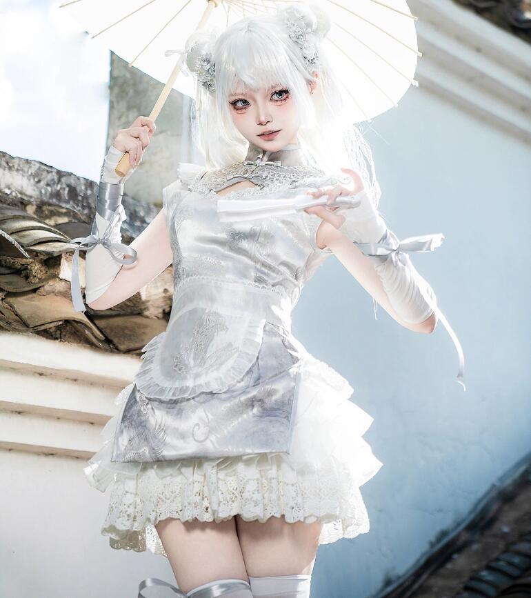 中華風 コスプレ衣装 ショート丈 チャイナドレス Lolita ドレス メイド服 レーススカラップ 半ズボン 細身 女性 大人 ハロウィン コスプレ衣装 コスチューム 学園祭 文化祭 撮影衣装