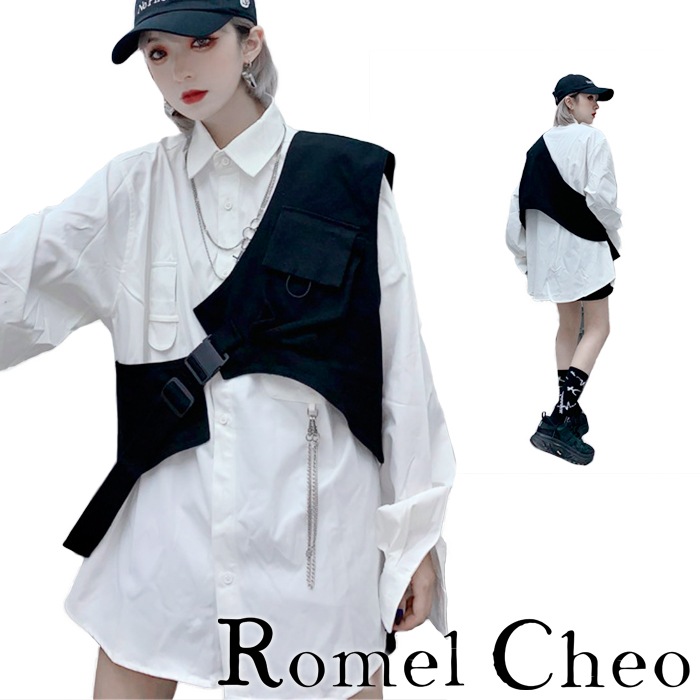 Romelcheo シンプル シャツ ワンショルダー ベスト 無地 ブラウス 斜めがけ チョッキ