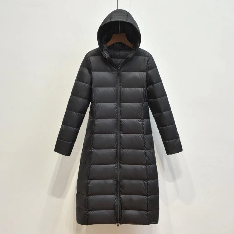 衣類 25 レディース軽量フード付きロング膝上韓国スリムホワイトダックダウンジャケット