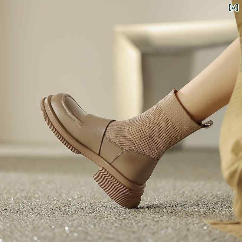 ソックス ブーツ ローファー レディース 革 ストレッチニット 女性 太い ヒール ショート ブーツ 女性 春秋 シングル ブーツ ミディアム ヒール スリム ブーツ ラウンドトゥ