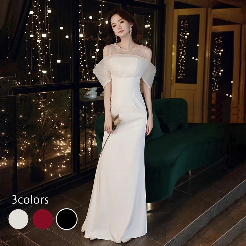 黒 白 赤 ソフトマーメイド ショール袖 ウェディングドレス ウエディングドレス パーティードレス ロングドレス ロングドレス 演奏会 コンサート ステージドレス ホワイト レッド ブラック 二次会ド