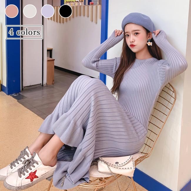 ニットワンピ ラウンドネック レディース ワンピース ニット おすすめ 長袖ワンピース 通勤 膝丈ワンピース フレア裾 リブニット 丸首 ニットワンピース