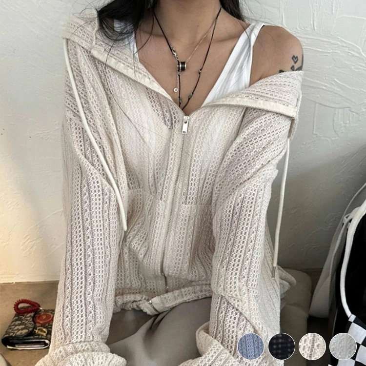 フーディー レディース 韓国 長袖 薄手 シースルー レース 透け感 シアー クロシェ 編み パーカー フード付き おしゃれ カジュアル トップス