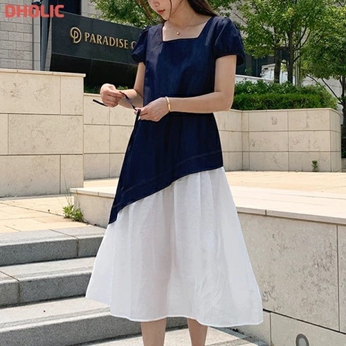 [メガ割りSALE]ストラップ付デニムスクエアネックパフスリーブロングフレア半袖配色ワンピース・1917021