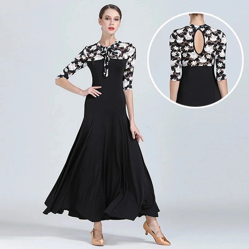 モダンドレス 社交ダンス衣装 黒 花柄 オシャレ 社交ダンスドレス ラテンドレス ブラック 刺繡花柄 ワルツダンス服 ワンピース 広がる裾 ボールルーム衣装 ドレス ダンスウェア 発表会 競技着 練習 7,269円