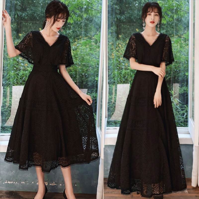 限定カラーパーティードレス ミモレ丈 ロング ドレス 黒 総レース 袖あり きれいめ 大人可愛い Aライン 大きいサイズ 2XL 3XL 4XL 結婚式 お呼ばれ ドレス おしゃれ 二次会 演奏会 発