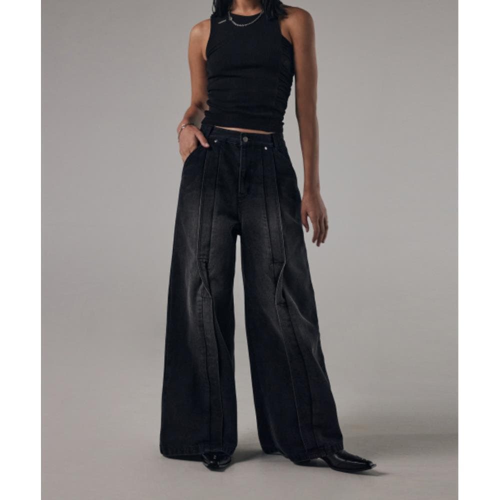 TREEMINGBIRD Twisted Wide Denim Setup Pants Black TMB2