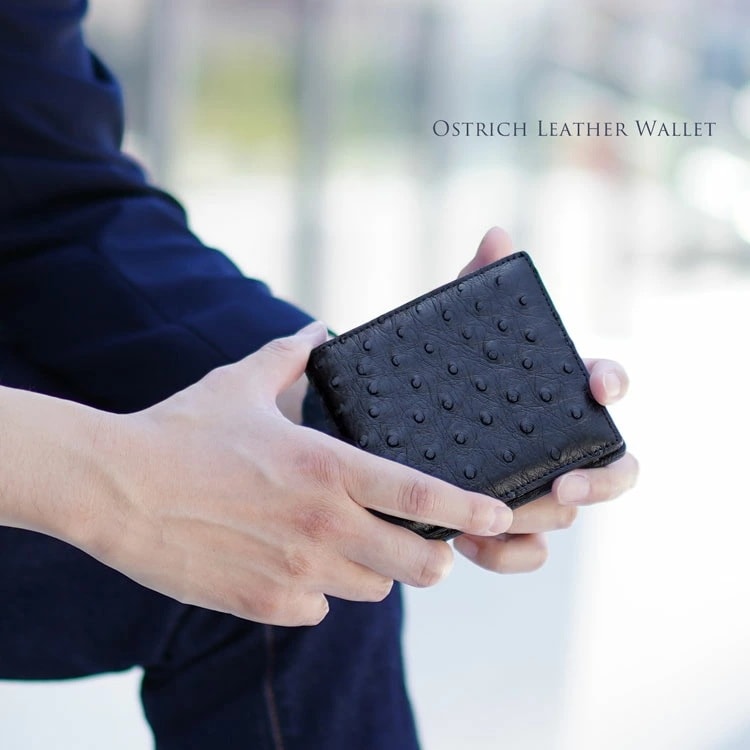オーストリッチ 二つ折り 財布 メンズ 無双仕立て フルポイント 全16色 折り財布 本革 ミニ財布 軽い 小銭入れ付き 普段使い 右利き 二つ折り財布 ゴールド 金運 金色 ギフト (9081mr)