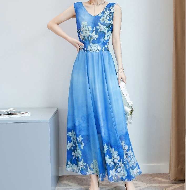 1551.花柄シフォンノースリーブドレス（ブルー） 2019 春夏 sale 演奏会 コンサート 結婚式 ブライダル 食事会 パーティー