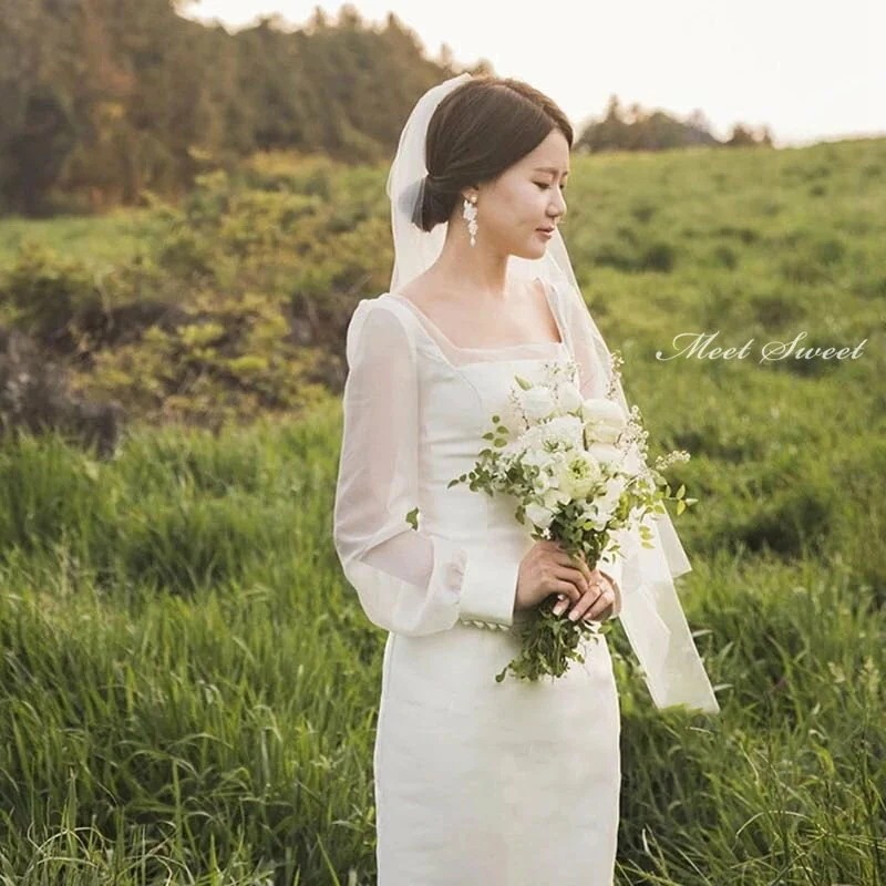 ウェディングドレス ウエディングドレス ロングドレス カラードレス 白 オフホワイト 長袖 ロングスリーブ サテンスカート シフォン袖 スクエアネック 花嫁ドレス 二次会ドレス 結婚式 発表会 リゾー 10,649円