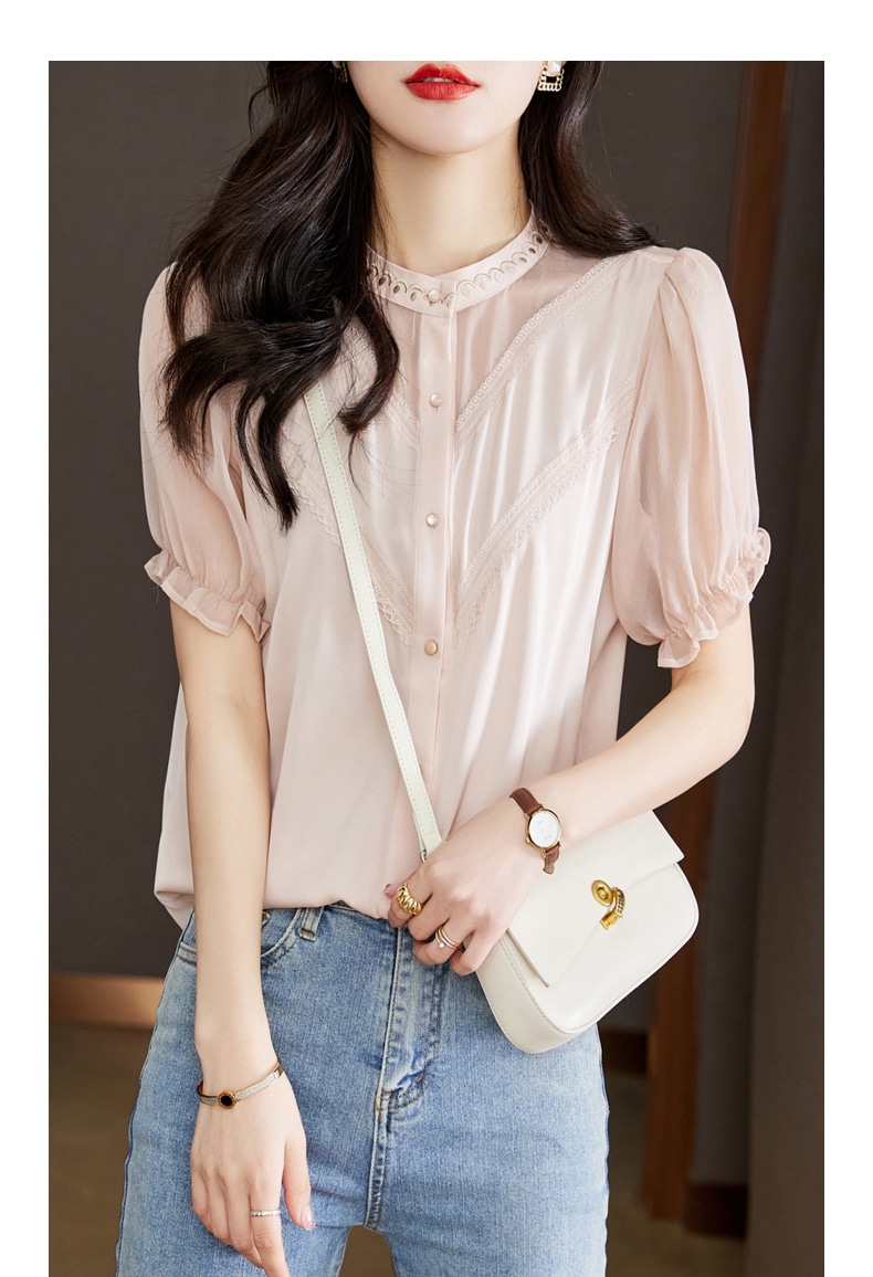 夏 エレガント シルク シック トップ ファッション 刺繍 半袖 薄手 ゆるい シルク 長袖 シャツ 女性 アプリコット ブラック M L XL XXL トップス 袖あり かわいい 大人可愛い