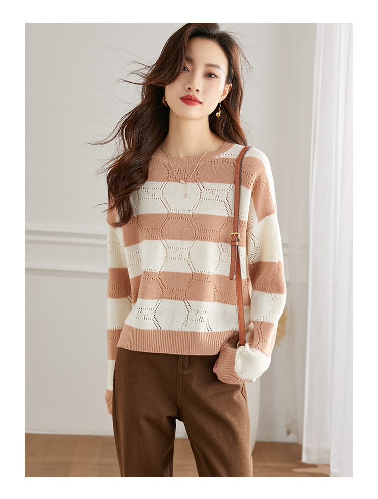 ストライプ ウール セーター 女性 秋 冬 ショート セクション ルーズ ボトムス セーター トップ キャメル ブラック グレー フリーサイズ