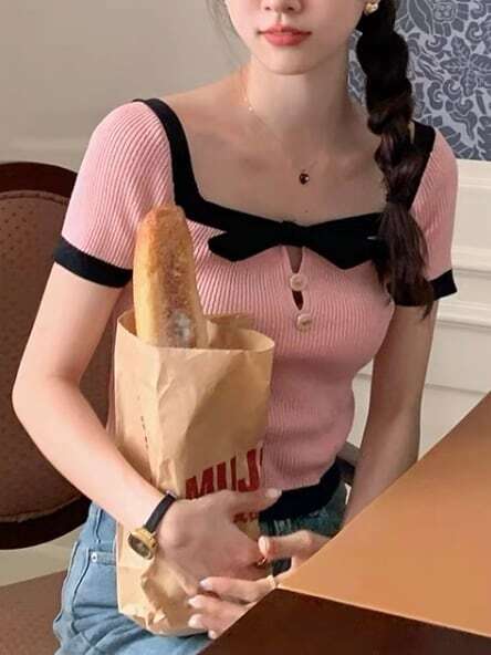 リボン ニット トップス スクエアネック 半袖 バイカラー ピンク 4,980円