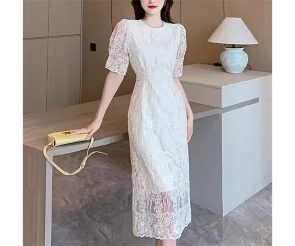 レディース ドレス ワンピース パーティー 膝下 ミモレ 半袖 パフスリーブ ラウンドネック Aライン レース ウエストマーク ファスナー バックスリット 可愛い きれいめ 大人可愛い 上品 おしゃれ