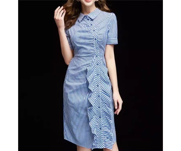 レディース ワンピース シャツワンピ 膝丈 膝下 ミモレ 半袖 襟付き ポロカラー タイト スリム 細身 Aライン フェミニン フリル かわいい 大人可愛い きれいめ カジュアル 上品 おしゃれ