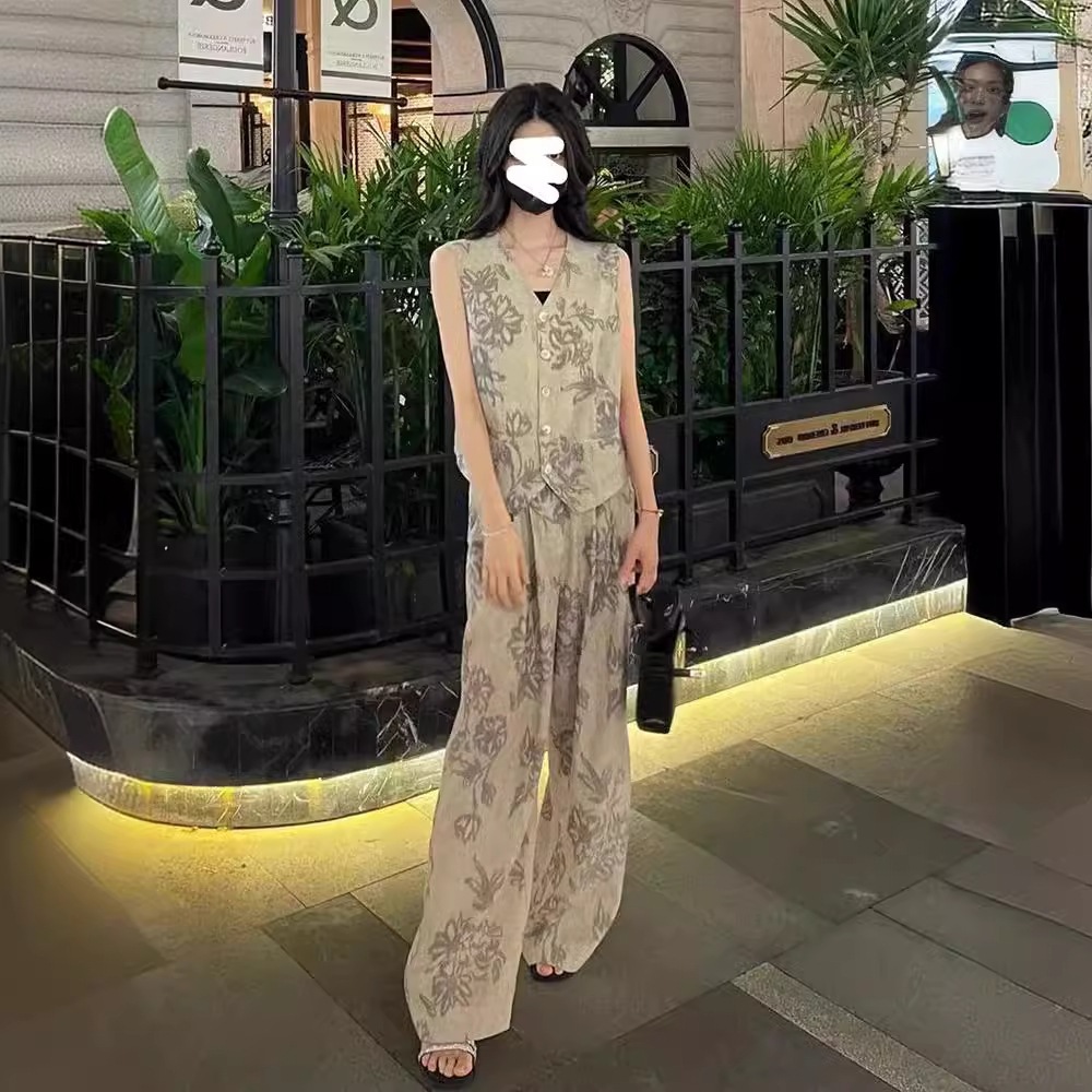 万能でスリムな韓国風レディース夏ファッション中国風プリントレトロベストとワイドレッグパンツのツーピースセット