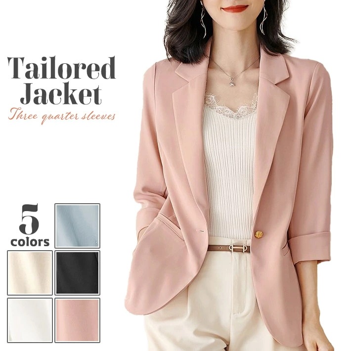 メール便でレビューを書いてGETストレッチ性と落ち感のある サラリ 薄手 ジョーゼット素材 七分袖 テーラードジャケット ブレザー きれいめ カジュアル 楽ちん ビジネス オフィス 通勤 OL 30代