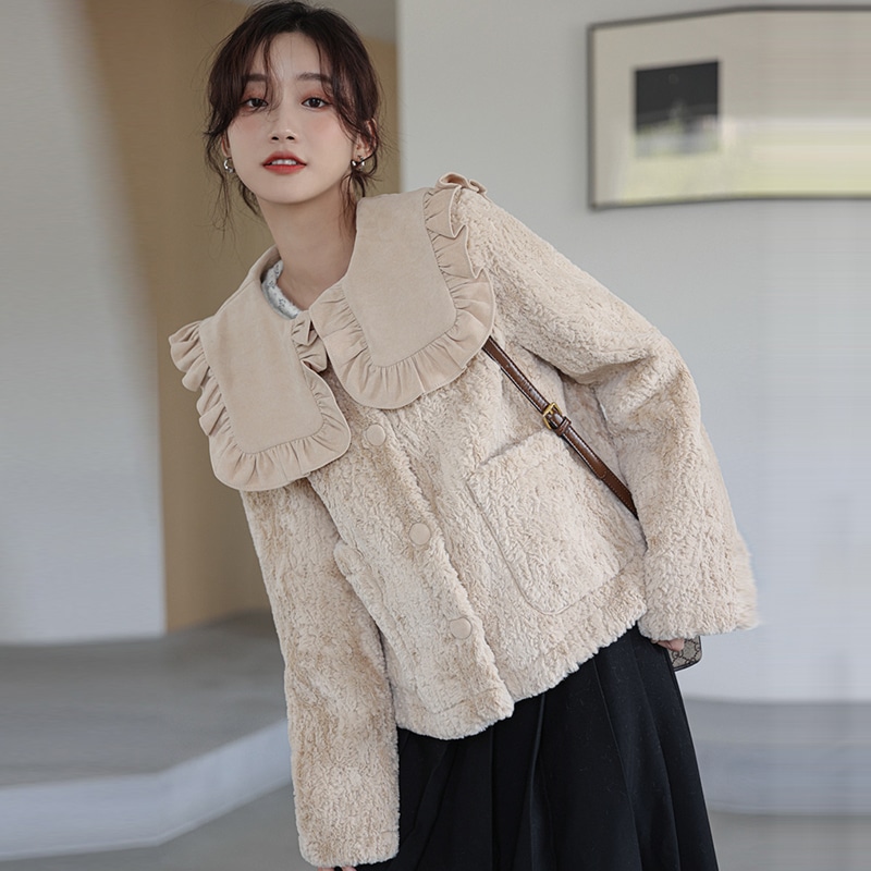 【送料無料】レディース もこもこ ガーリー ジャケット アウター エコファー フリル ボア 大きめ襟 大人可愛い ママコーデ ママファッション 韓国系 オルチャン 人気 トレンド 新作 20代