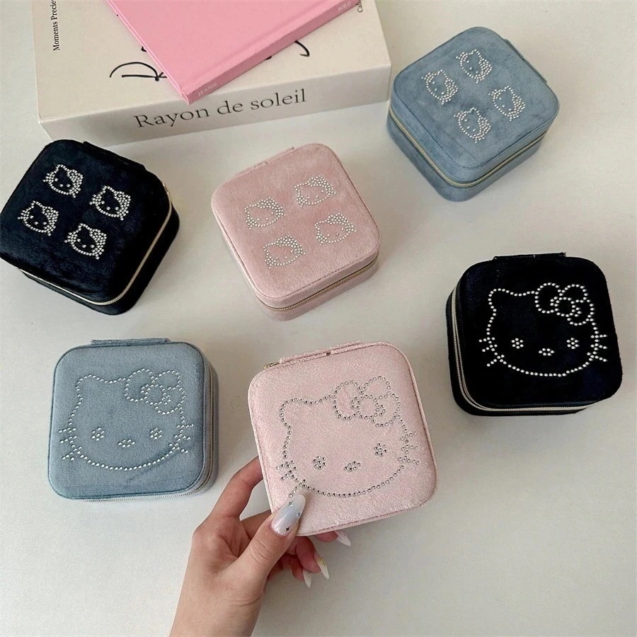 【メガ割】Lucky bagハローキティ収納ケースベルベット高級収納ケースアクセサリーデスクトップアクセサリーケースドリルアクセサリーファスナーパーティションボックス