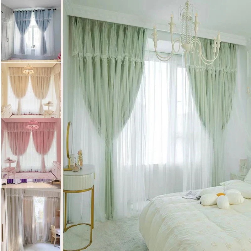 遮光カーテン+レース プリンセス風 断熱 遮光 省エネ無地 レースカーテン UVカット防音