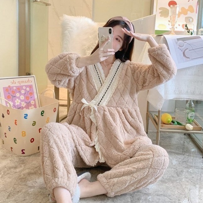 【送料無料】マタニティ パジャマ もこもこ ふわふわ カシュクール レース リボン 長袖