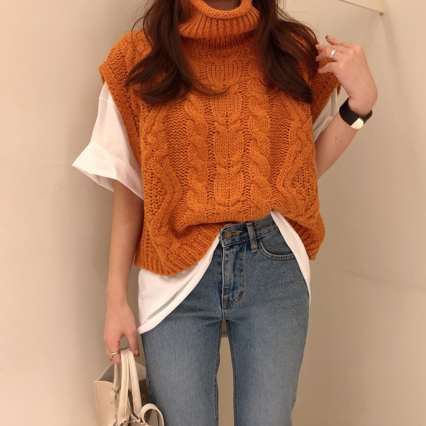 【送料無料】レディース 2カラー ニット ベスト ハイネック スタンドカラー 大人可愛い