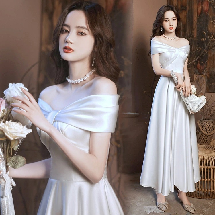 イブニングドレス オフショルダー 白 サテン ホワイトドレス 結婚式ドレス 二次会ドレス ワイン赤 ミディアムドレス ロングドレス 2タイプ ゲストドレス ワインレッド パーティードレス Aライン X
