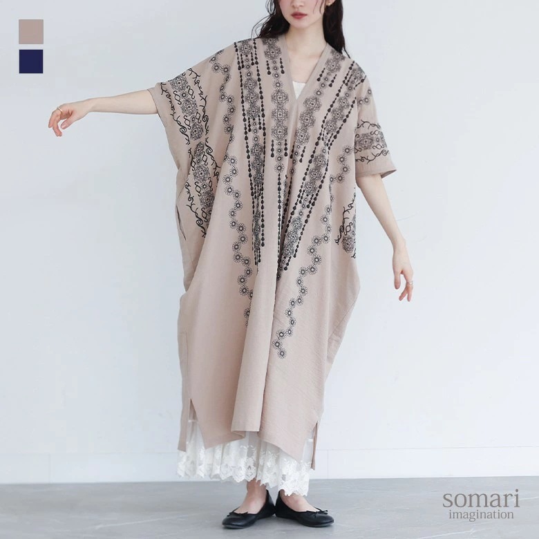 【激安販売】綿100％ ワンピース レディース コットン100％ コットンワンピ ロング丈 半袖 Vネック 刺繍 配色 無地 スリット 落ち感 レイヤード 重ね着 ゆったり 大きめ 楽ちん 春 夏 オ