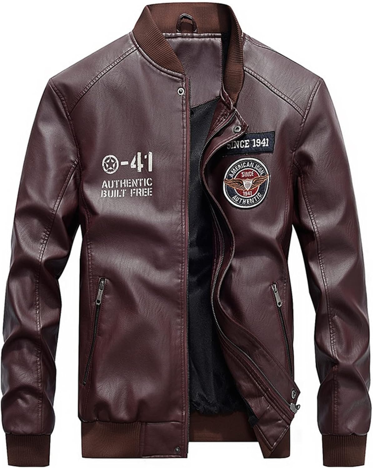 レザージャケット PU革ジャン メンズ スタジャン ブルゾン ライダースジャケット スリム ショート丈 刺繍ワッペン 立ち襟 裏ボア 厚手 バイクジャケット 防寒アウター 保温性 防風 大きいサイズ