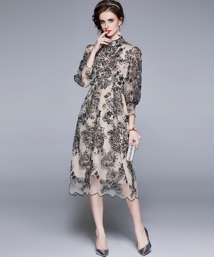 ワンピース ワンピドレス 膝下 ミモレ ミモレ丈 袖あり 7分袖 七分袖 スタンドカラー タイト 細身 ストレート Iライン レース 刺繍 チュール 透け感 シースルー かわいい 大人可愛い 大人