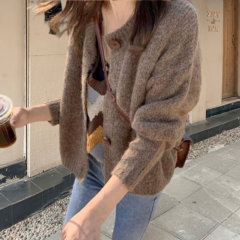 カーディガン レディースファッション 秋 冬 モヘア 大きいサイズ 長袖 ラウンドネック クルーネック もこもこ 大人可愛い XL 4色展開 防寒 オフィスカジュアル シンプル 重ね着