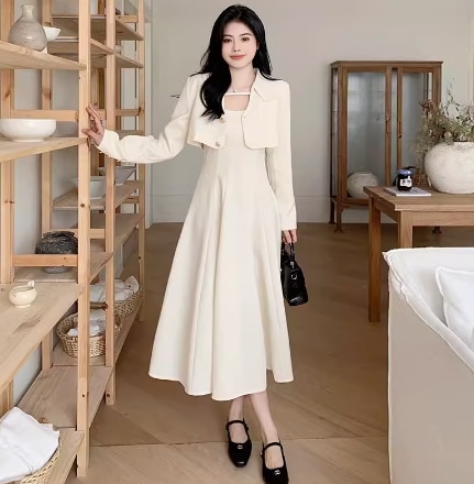 レディース トップス ジャケット ワンピース セットアップ ドレス 羽織 前開き マキシ ノースリーブ 長袖 フレア Aライン タック ウエストマーク かわいい 大人可愛い きれいめ 上品 おしゃれ