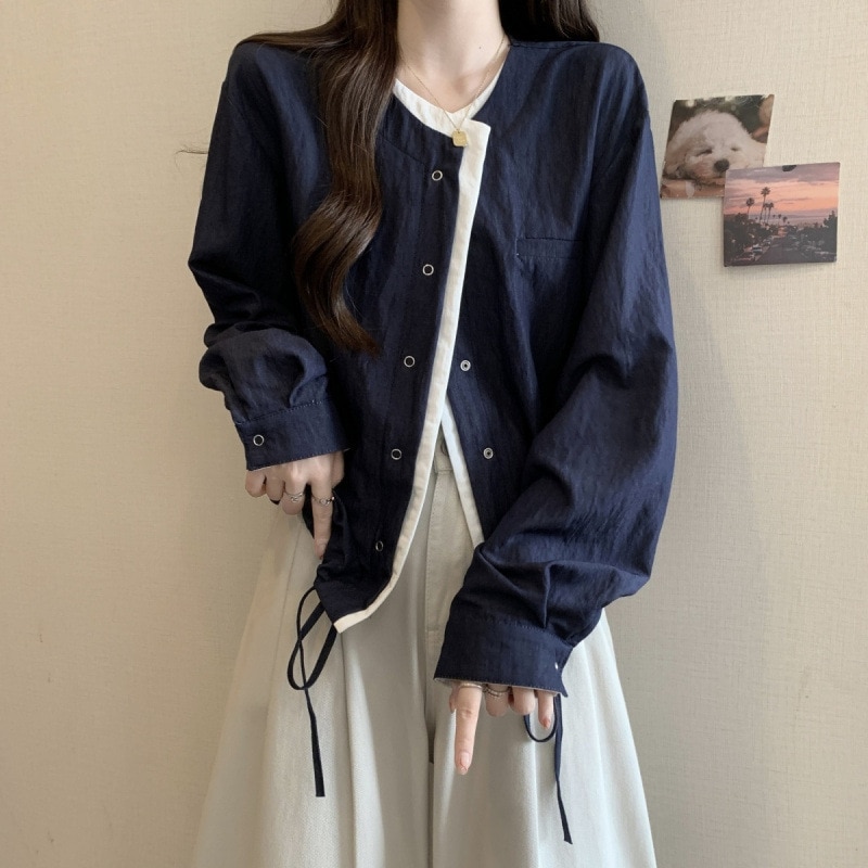 2025年早春新作 シックなフェイクツーピース ファッショナブルでおしゃれなシャツ 大きめサイズ レディース ぽっちゃり体形向け カーディガンアウター 5,178円