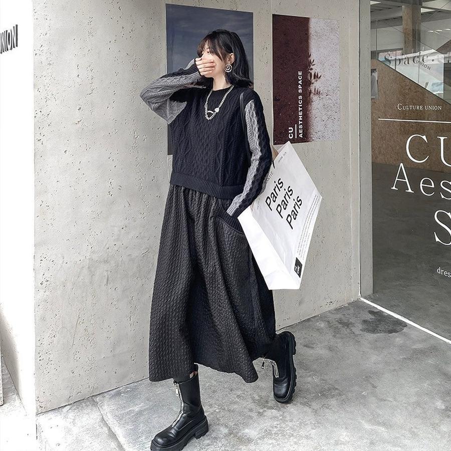 秋冬 新作 おしゃれ 切り替え ニットワンピース ロングワンピース ゆったり ワンピース 冬