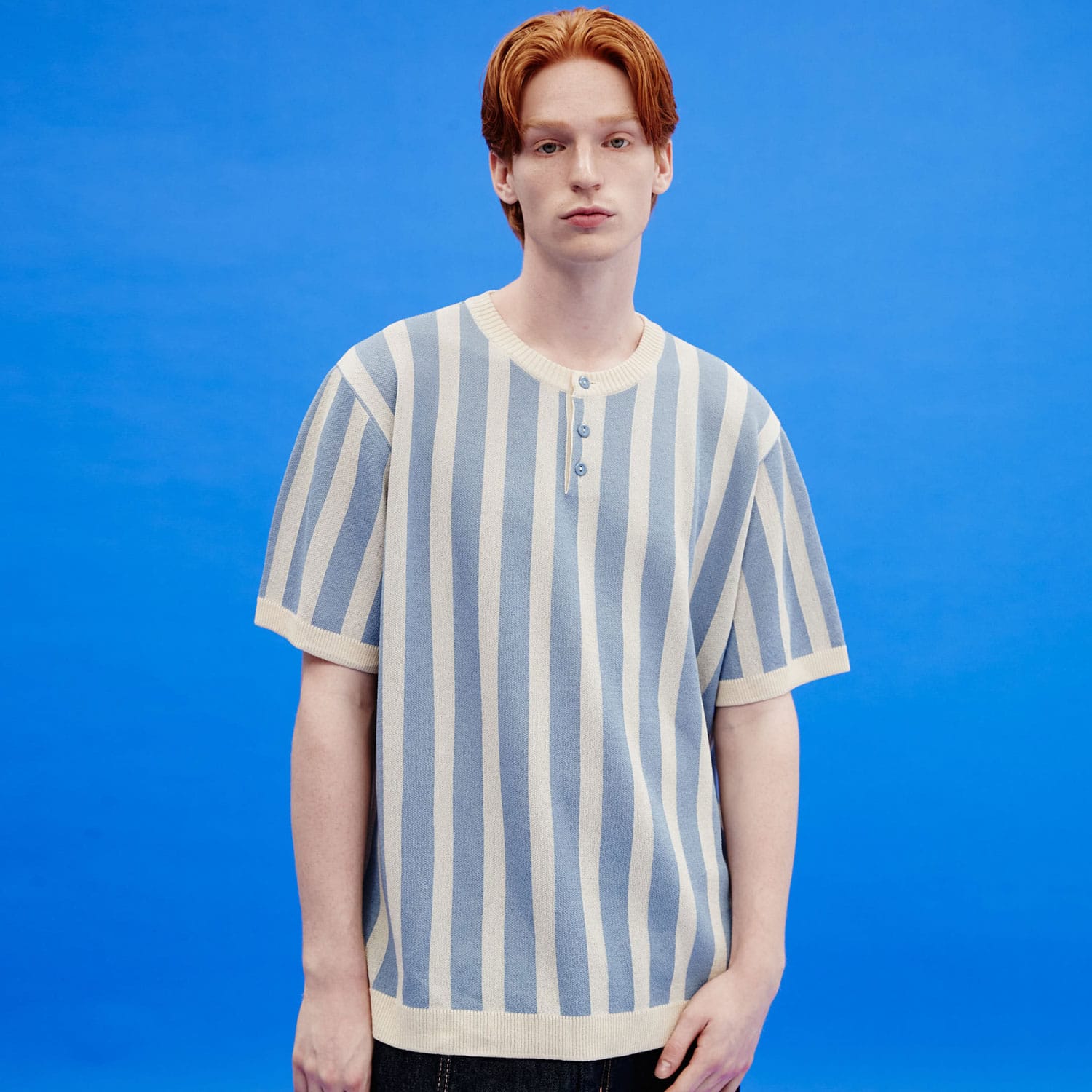 Stripe henley neck half sleeve knit SKYBLUE