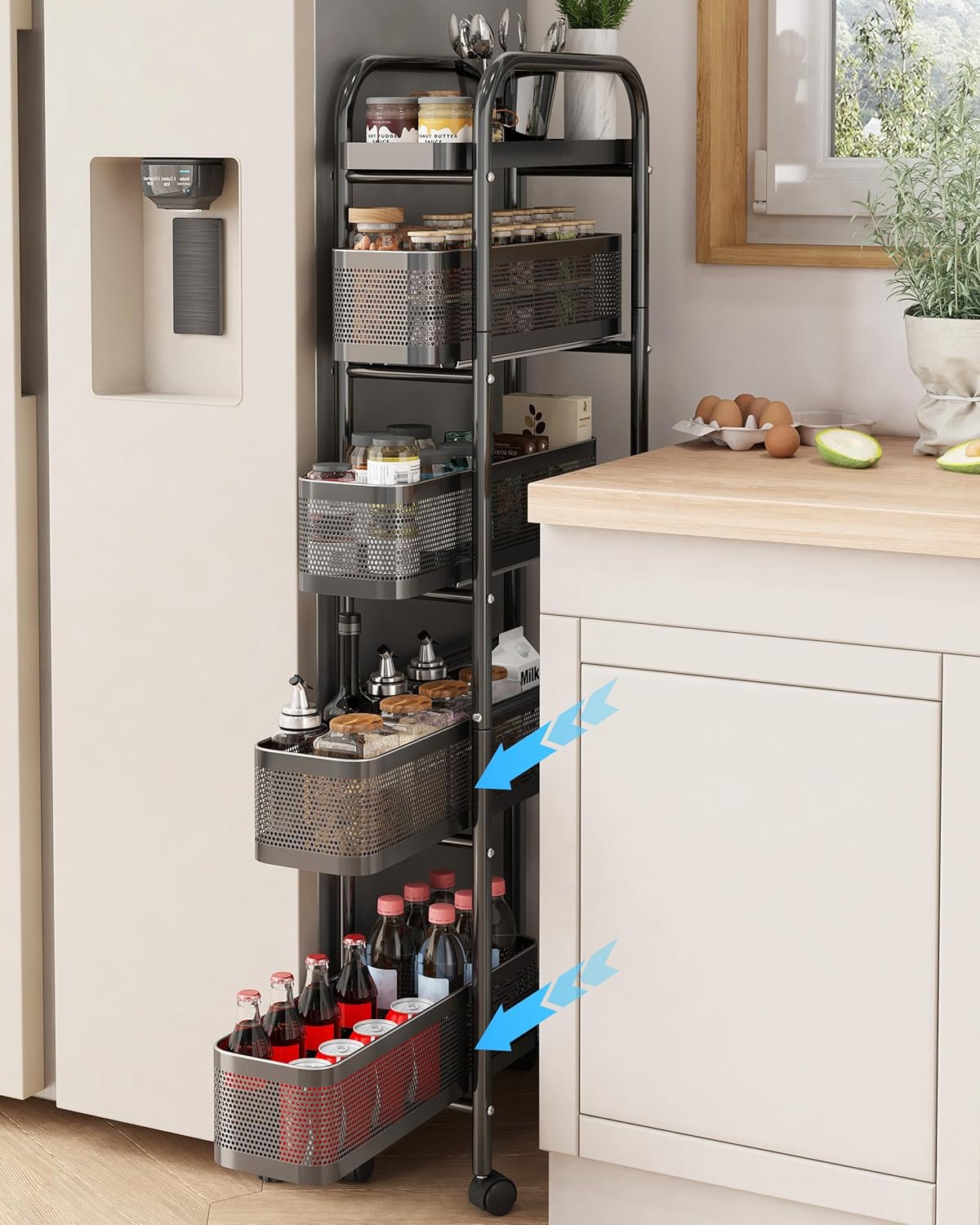 Ornestia キッチンワゴン 隙間収納 スリム多段収納カート 360度キャスター付き 引き出し式 移動式 収納ワゴン 省スペース調味料ラック/洗面所/冷蔵庫横/台所 （幅20cm 5段ブラック）