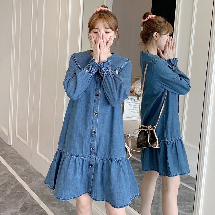 デニムワンピース ブルー ワンピース 膝丈 ひざ丈 スリム 細身 ストレート スマート かわいい