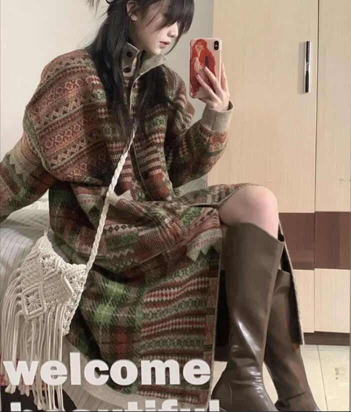 セーターカラーパッチワークックニットロングコート