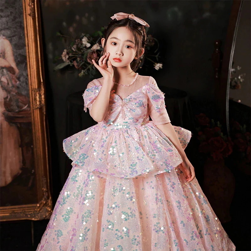 [現品/新品]ラメ入りふわふわ紗 プリンセスドレス ピンク 子供ドレスピアノ発表会 お呼ばれ パーティー
